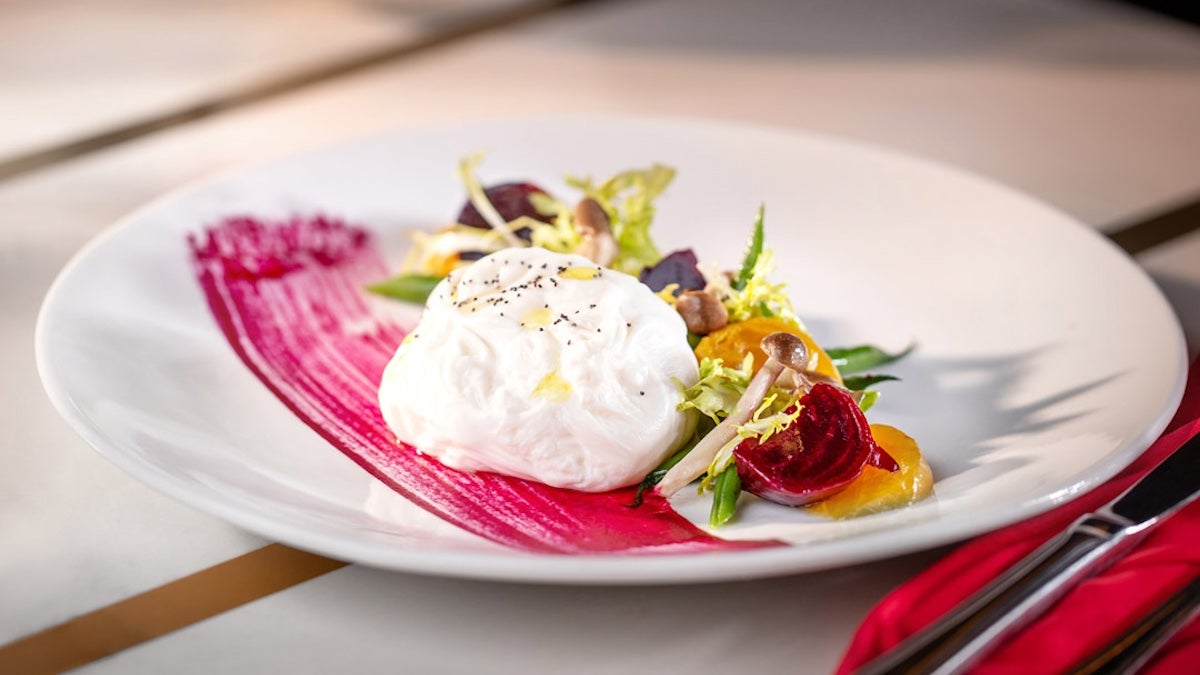 White plate with a small salad and cheese